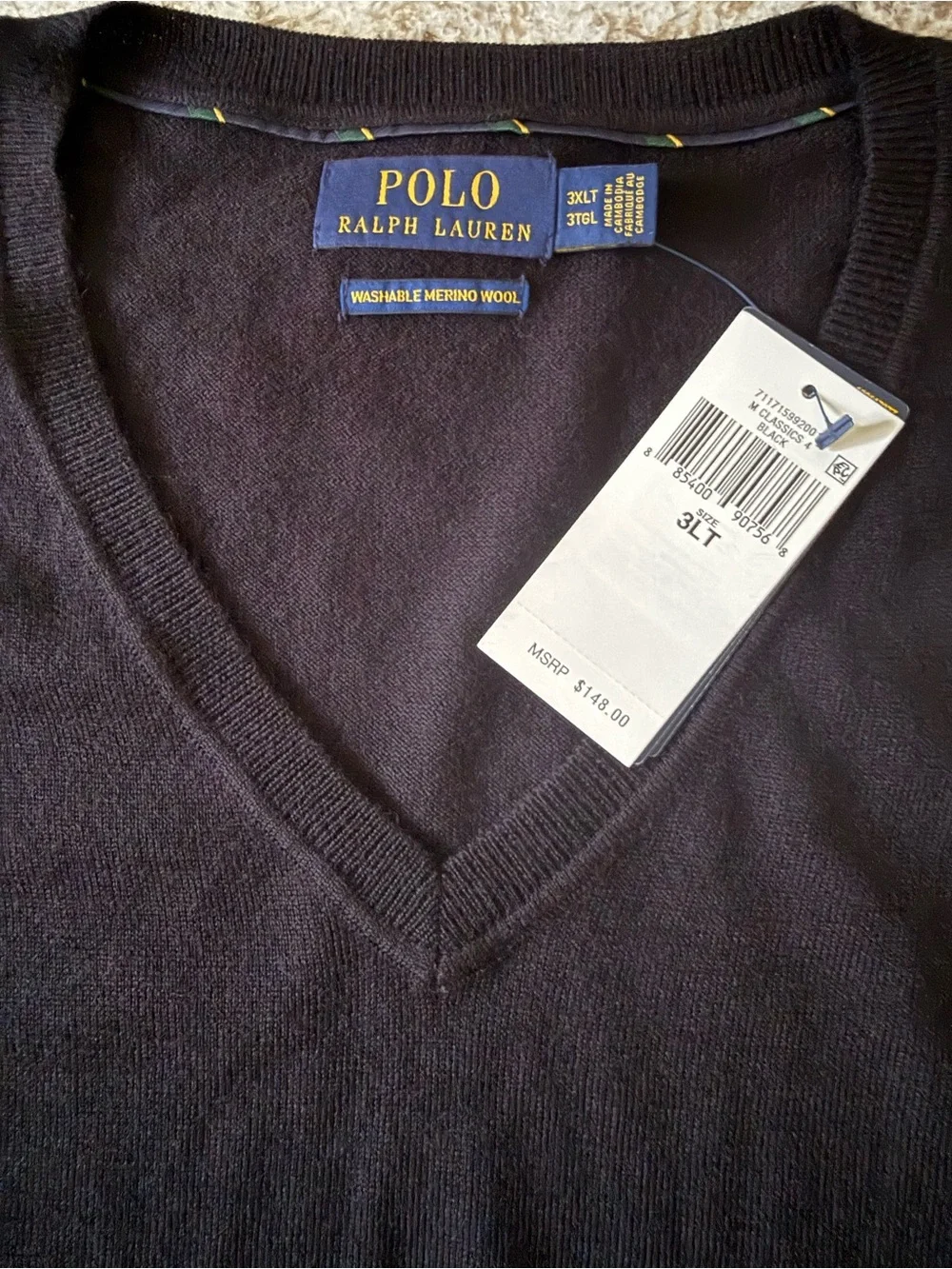 Men’s Polo Ralph Lauren 3XLT Black Merino Wool V Neck Sweater NWT